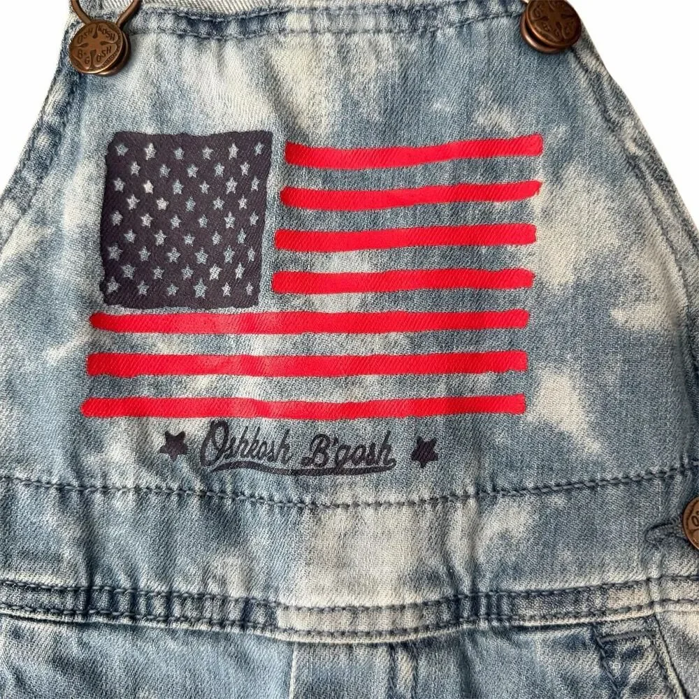 OshKosh B’gosh USA Flag Denim Short Overalls Baby Patriotic Acid Wash Size 2T